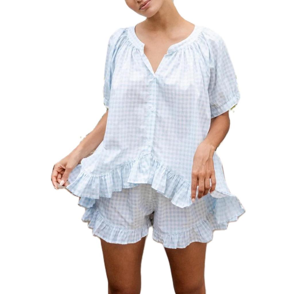 Haut à Manches Courtes à Volants Boutonnés Européen et Américain + Ensemble de Pyjama Pantalon à Carreaux