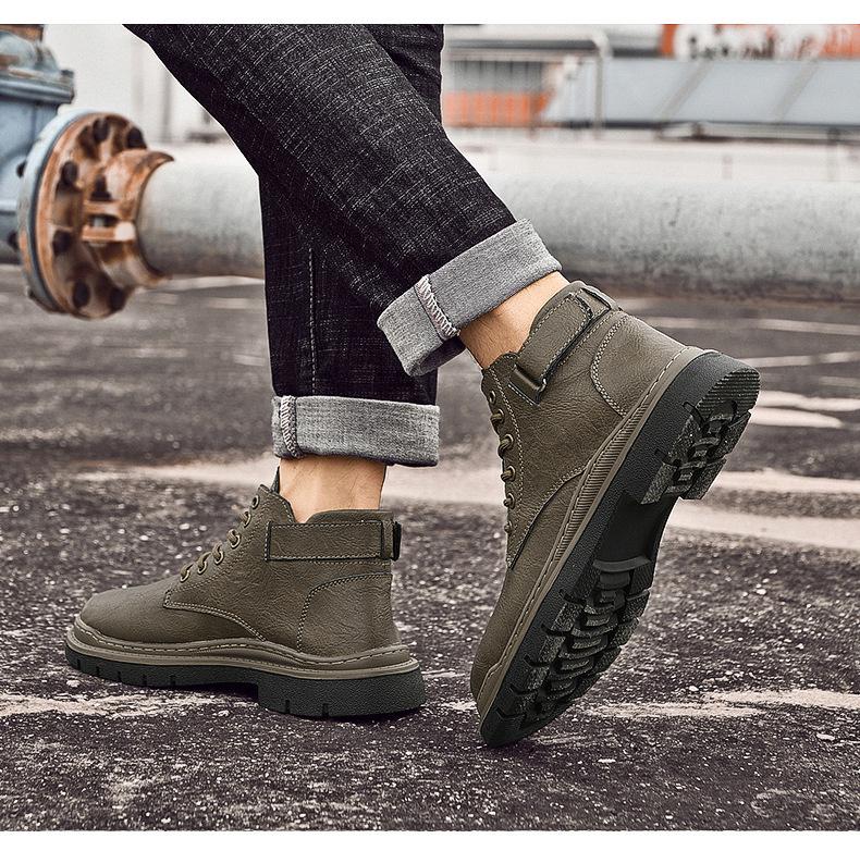 Men's High-Top Lace-Up Leather Work Boots - Autumn/Winter Casual Short Boots