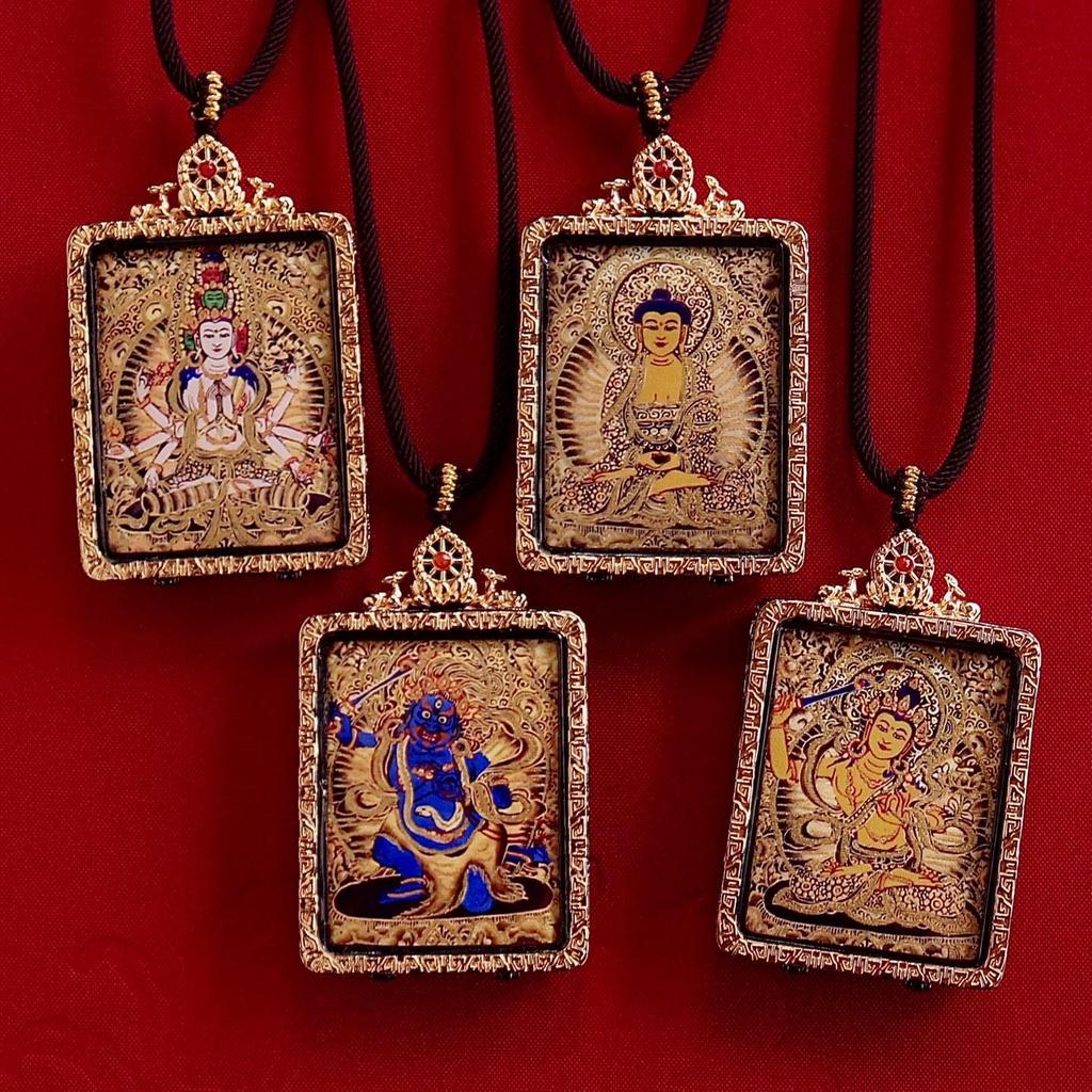 Qinghai Thangka Pendant: Eight Protectors Series, Semi-Hand-Painted Double-Sided Amulet with Guardian Deity.