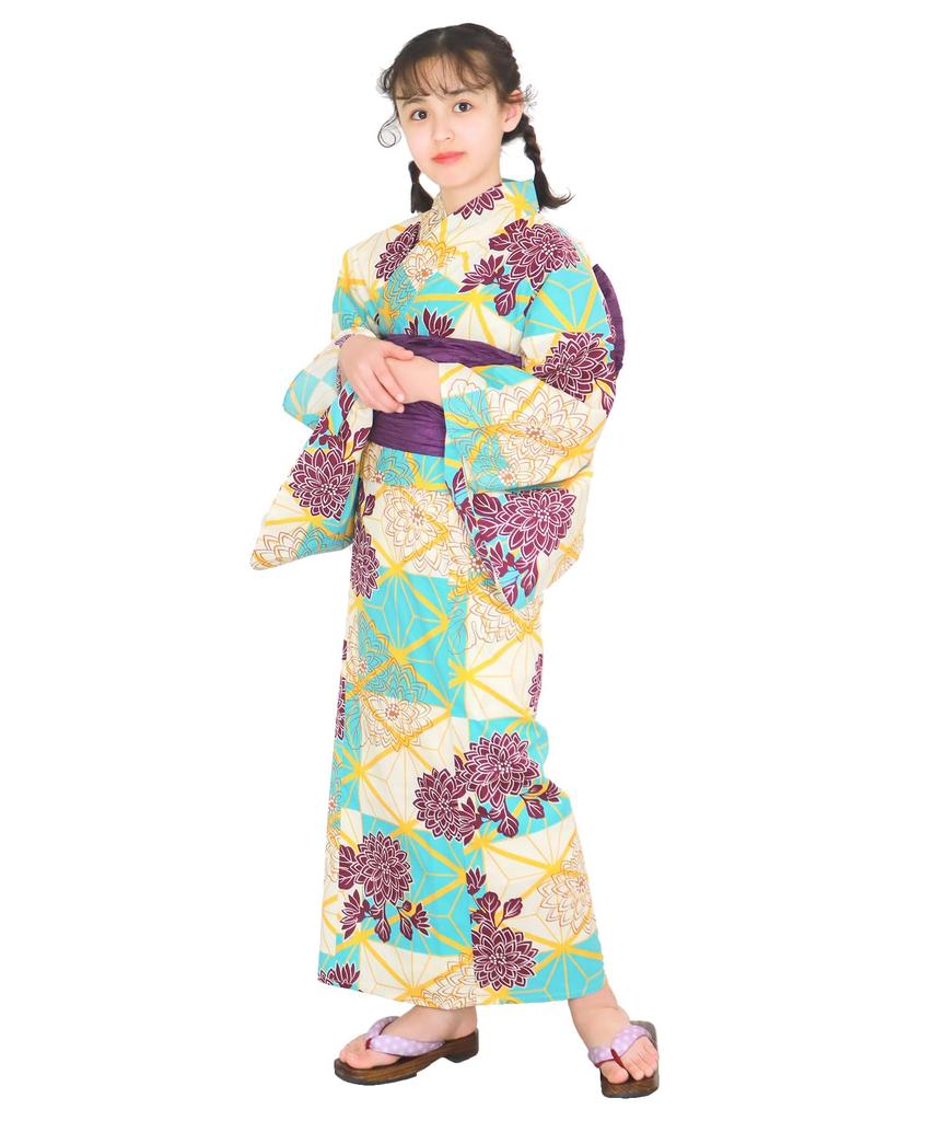 Yukata Set Junior Retro Change Weave 3 Piece Set Heiko Girls [KYOETSU] (Yukata, Obi, Geta) (150cm, 5.Shadow Chrysanthemum)