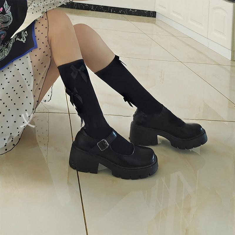 1 Pair Women Ruffle Socks Girl Lace Topped Calf Socks Frilly Socks with Bowties Cotton Socks Princess Style Dress Socks