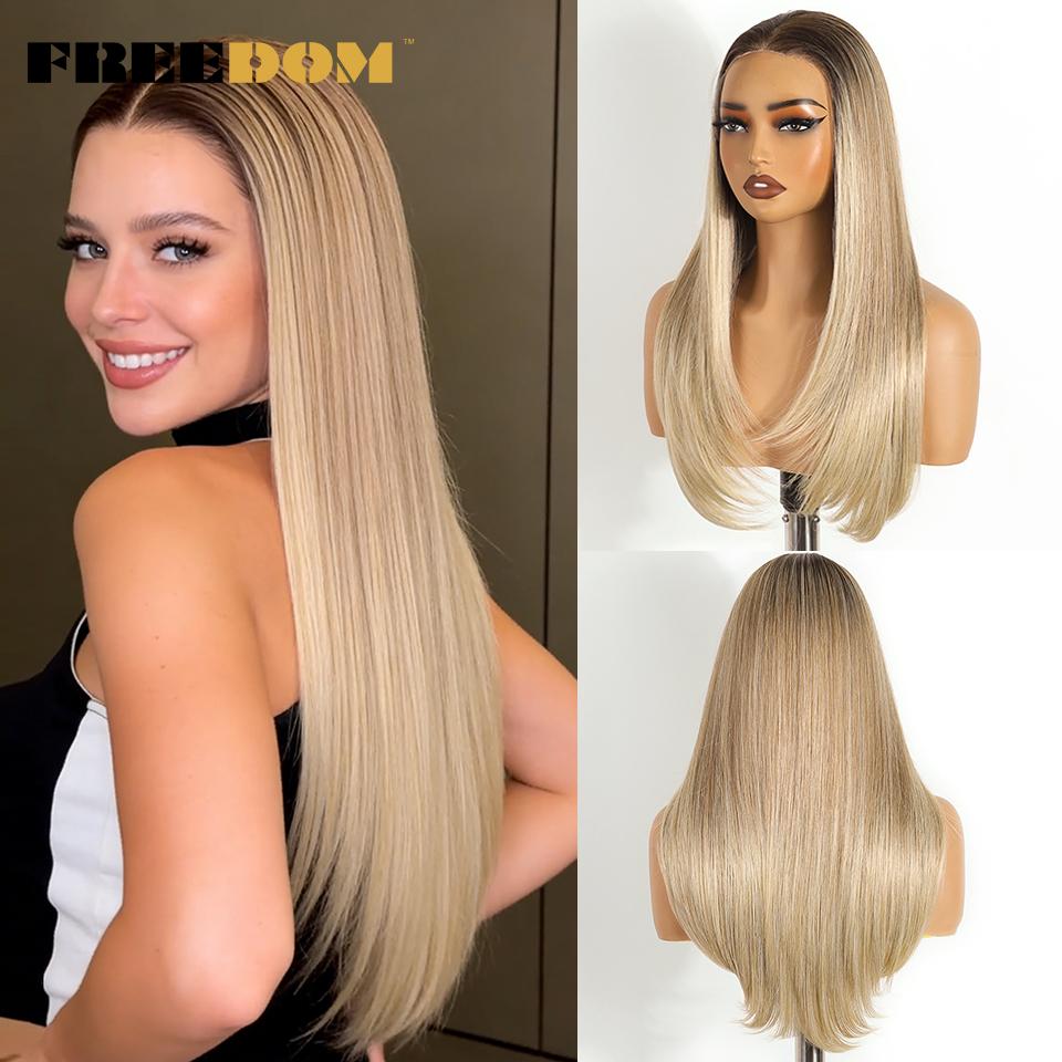 FREEDOM Synthetic Lace Front Wigs For Women 9x6 Pre Plucked Straight Layerd Wig 24" Ombre Blonde Pre Cut Wear And Go Lace Wigs