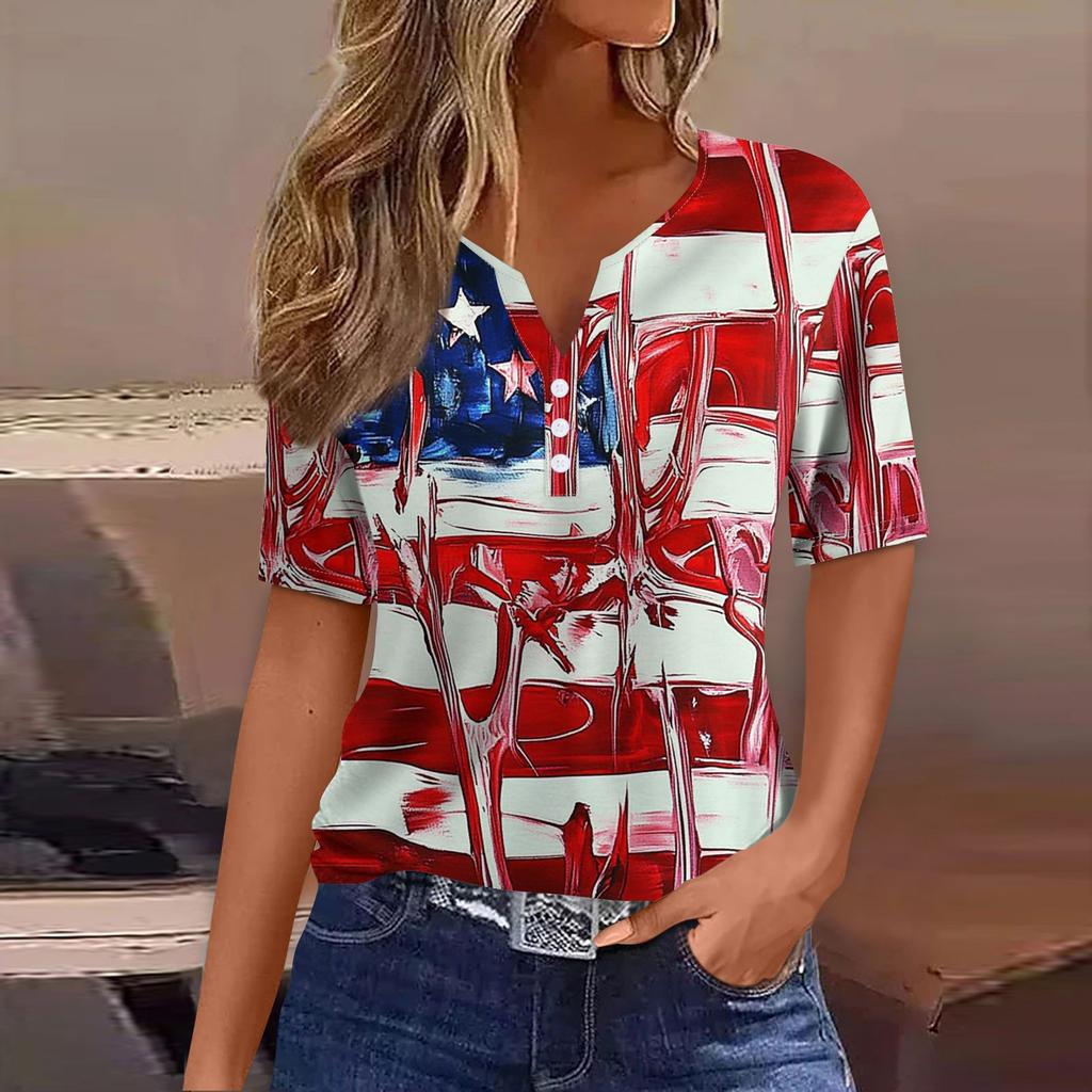 Women's T Shirt Tee Independence Day Print Button Short Sleeve Daily Weekend Fashion Basic V-Neck Regular Top