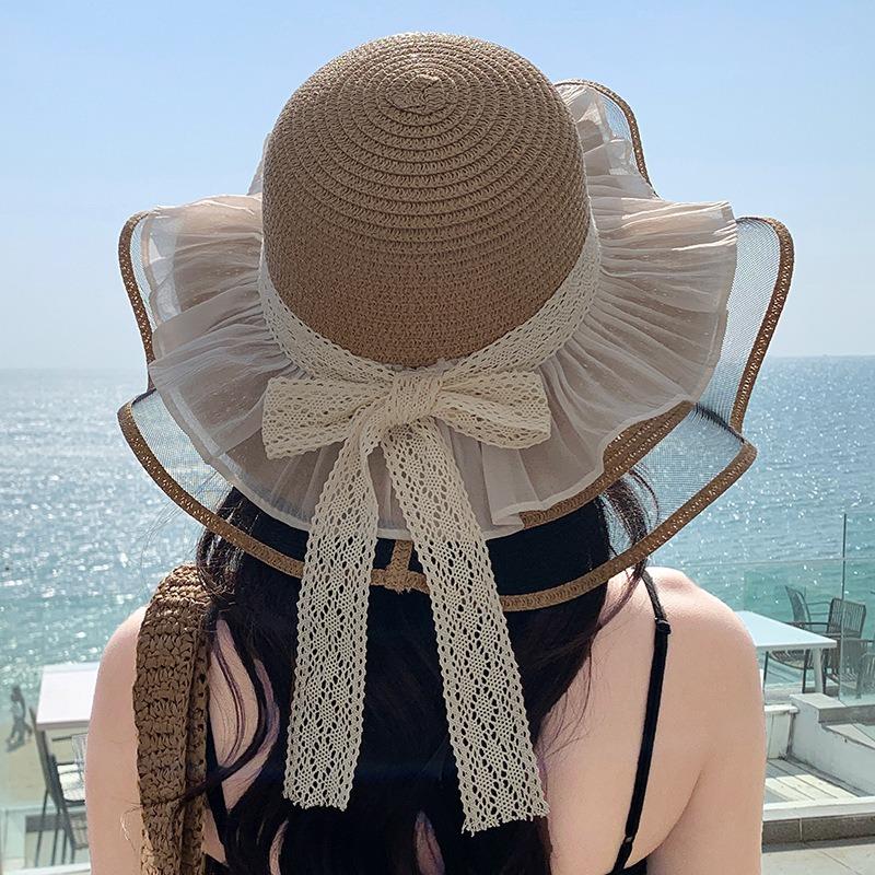 Summer Bow Sun Hat Female, Seaside Beach Vacation Sun Hat Outdoor Big Brim Sun Hat Sweet Straw Hat