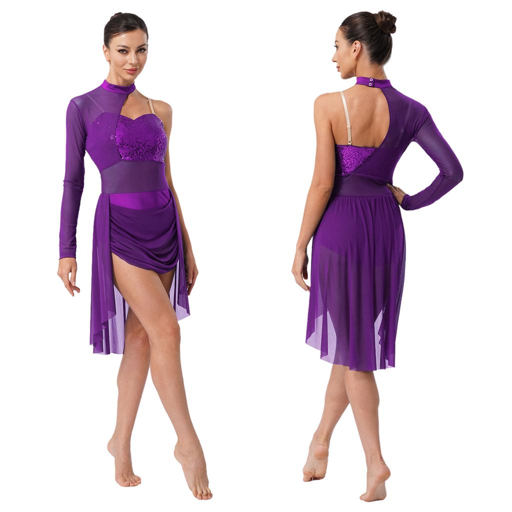 Damen Lyrischer Tanz Trikot Rollkragen Verstellbare Spaghettiträger Ein Schulter Glitzernde Pailletten Kleid