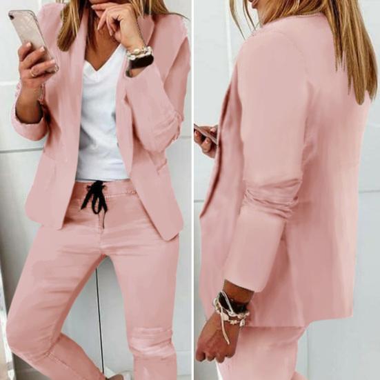 2 Stück/Set Damen Blazer Hosen Set Einfarbige Umlegekragen Faltenfrei Formell