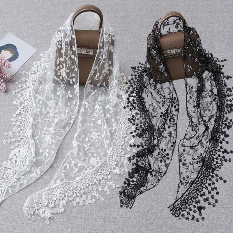 Tassel Shawls Female Scarf Solid Color Embroidered Lace Veil Floral Head Covering Veils Women Triangle Scarf 150*40cm