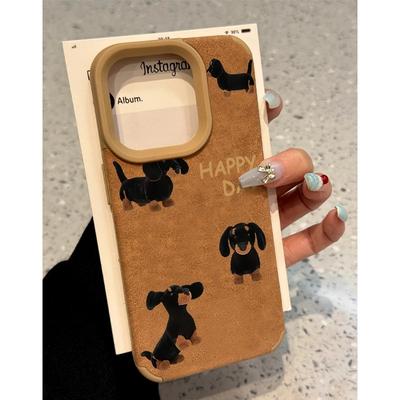 Schwarzes Leder Dackel für Apple 16 Promax Leder Handyhülle Kaffeefarbe für IPhone 15 High-End 13 Frauen 12