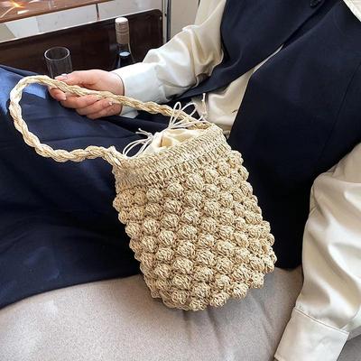 Summer Handmade Crossbody Bag for Women Beach Shoulder Bag Weaving Drawstring Straw Bucket Bag Female Travle Small Handbags Tote