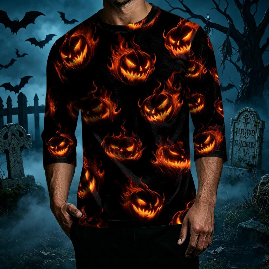 Men's Casual Halloween Print Crew Neck T-Shirt Three Quarter Sleeve Relaxed Fit Lightweight Top for Everyday Wear