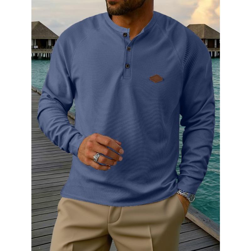 

Men s Blue Long Sleeve Henley Shirt Textured Waffle Knit Button Placket Casual Outdoor Top 3XL темно-синього кольору