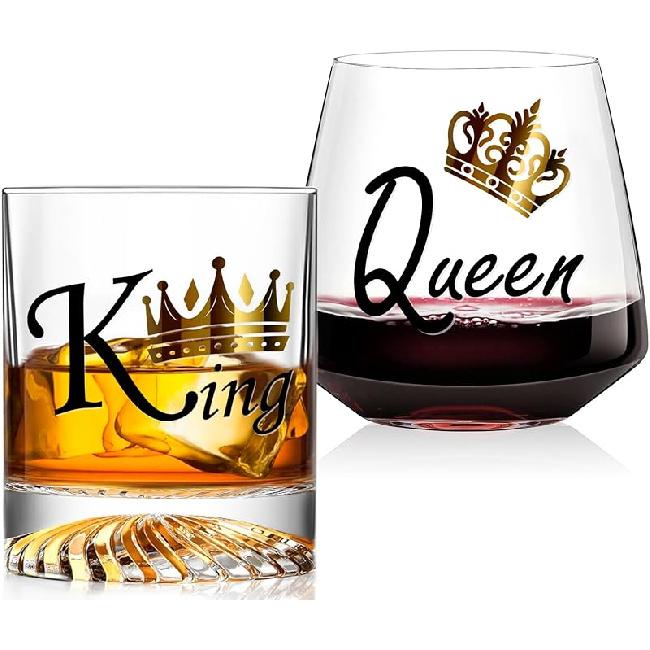 Anniversary Glassware Gifts for Couple-King and Queen Wine Glasses-Wedding Aniversario Gifts for Couple Wife Her Women-Unique COUPLE Wine Glasses for Wine&Whiskey-Style2