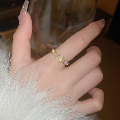 Zircon Letter H Open Ring, Fashionable French High-end Index Finger Ring, Light Luxury Temperament Ring for Women