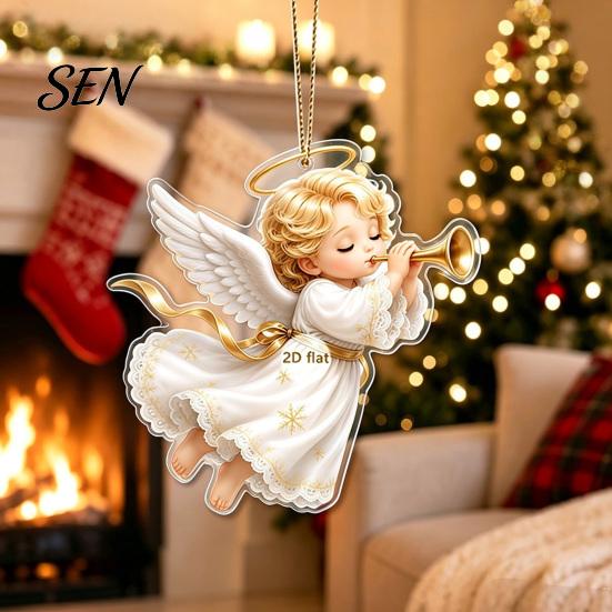 Festive Tree Ornament Christmas Angel Pendant with Lanyard, 2D Flat Acrylic Hanging for Holiday Gift Decoration, Cute Decor Party Car Window Stocking