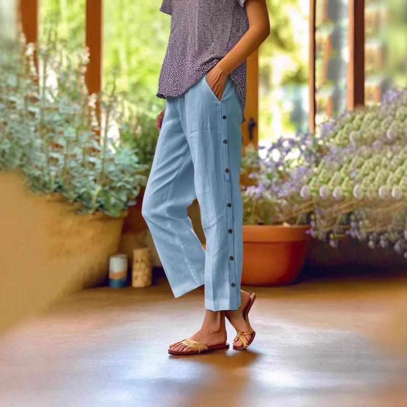Women's New Breathable Cropped Pants Decorative Buckle Side Pocket High Waist Loose Casual Pants