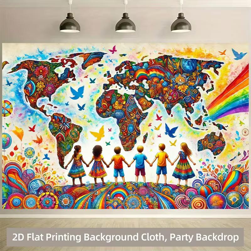 

2D Colorful World Map Kids Holding Hands Photography Backdrop 47.2x31.5inch/120*80cm