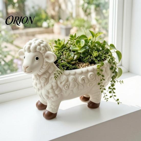 Resin Succulent Container Curly Sheep Planter Pot, Cute Lamb Flower Decorative Creative Animal Statue Plant Pot for Succulents Cacti Indoor