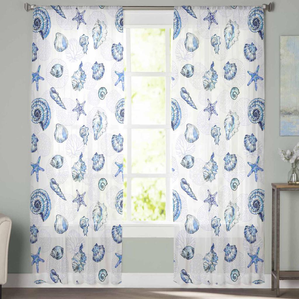 Starfish And Shell Coral Retro Window Tulle Curtains for Living Room Bedroom Hotel Luxury Decoration Sheer Curtains