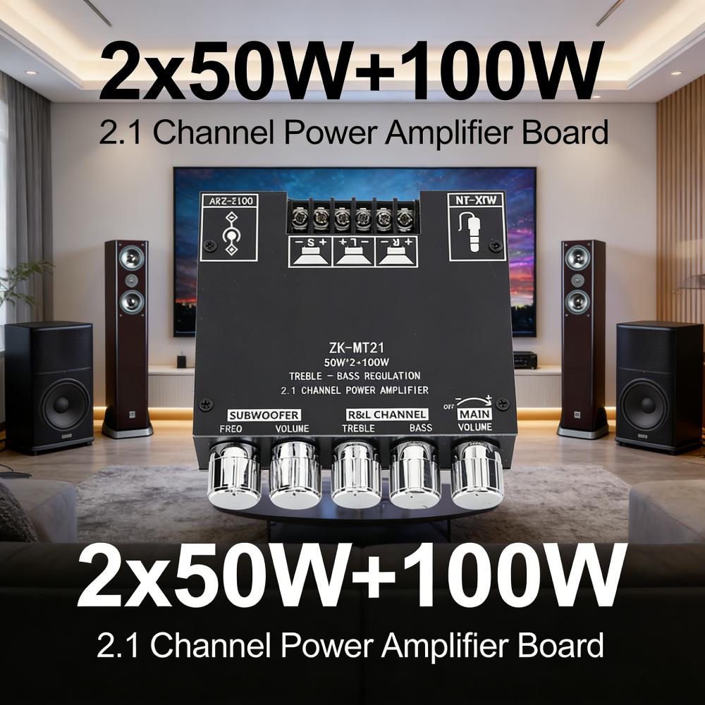 ZK-MT21 Bluetooth 5.0/AUX Dual-Input Amplifier Board 12V/24V Power Supply 2x50W+100W Subwoofer Amplifier Board