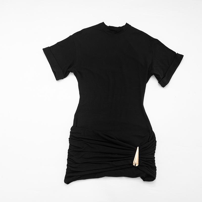 Y26DS051 European & American Women's Spring/Summer Casual Solid Color Ruched Dress with Metal Detail & Half High Collar