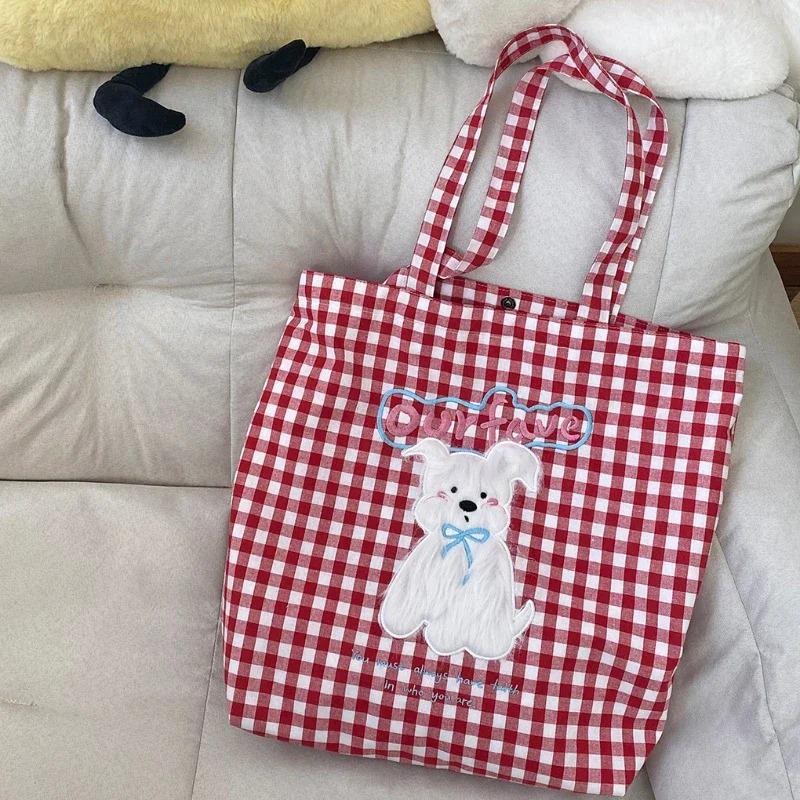 Plush Puppy Women's Plaid Shoulder Bag Cute College Girls  Book Tote Handbags Letter Embroidery Female Travel Shopping Bags