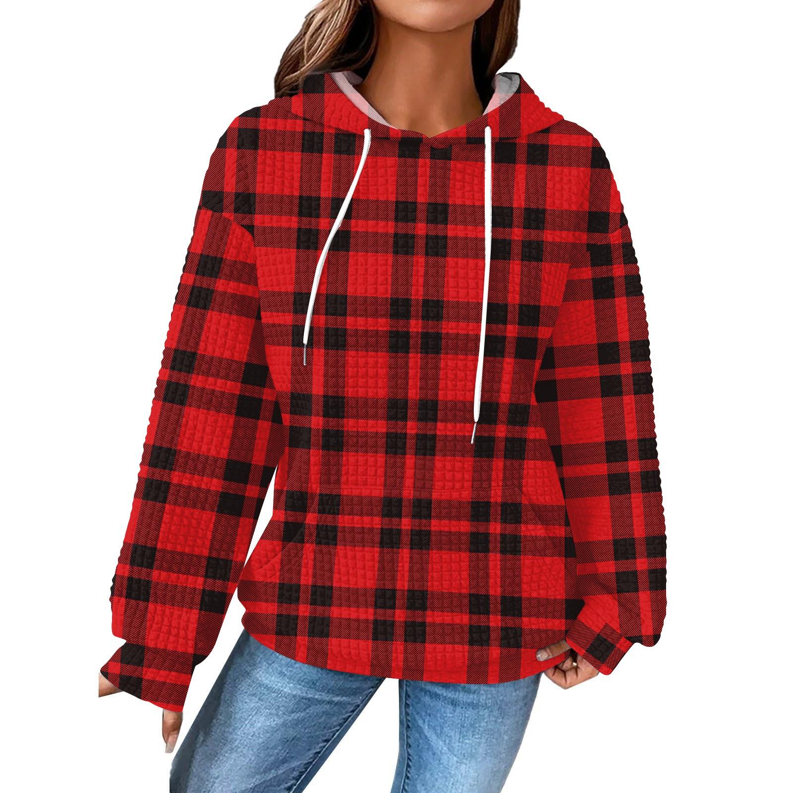 

Women s Fashion Loose Hooded Pullover Long Sleeve Plaid Sweatshirt with Drawstring Drop Shoulder and Pocket Print Top M червоний