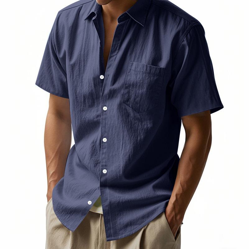 Summer New Style Solid Color Linen Shirt Short-sleeved Men's Lapel Loose Casual Pocket American Shirt