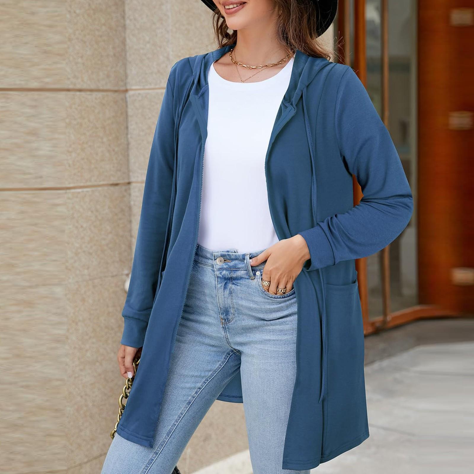 

Женская модная повседневная свободная куртка с длинным рукавом на молнии с капюшоном и однотонным принтом S синий