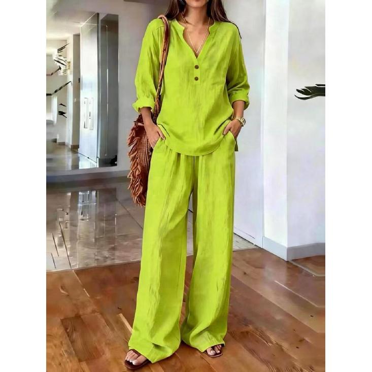 2026 New Women's Suit V-neck Long Sleeve Long Pants Solid Color Loose Casual Two-piece Set