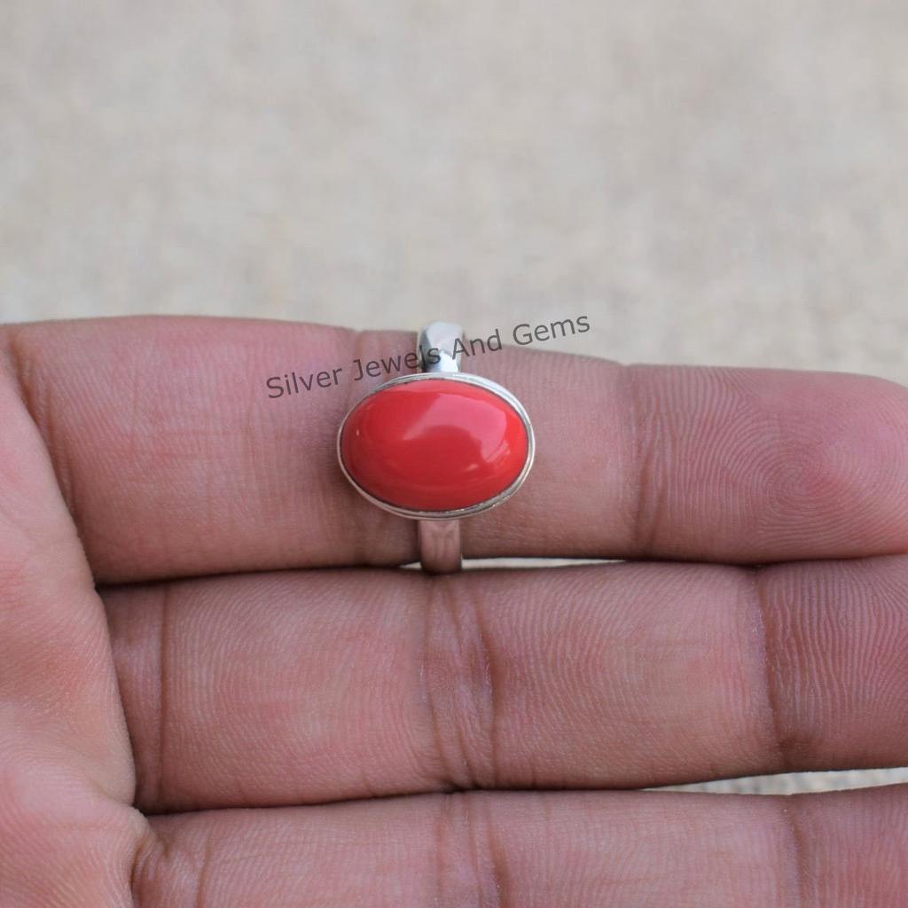 Handmade Oval Red Coral Ring, 925 Sterling Silver April Birthstone Ring