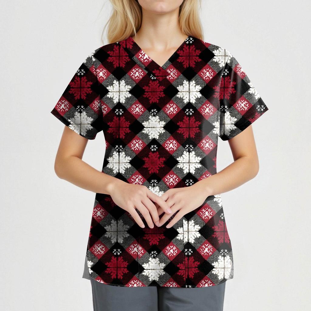 Women's Fashion V-Neck Short-Sleeved Workwear With Pockets Christmas Print Top Caregiver Uniform