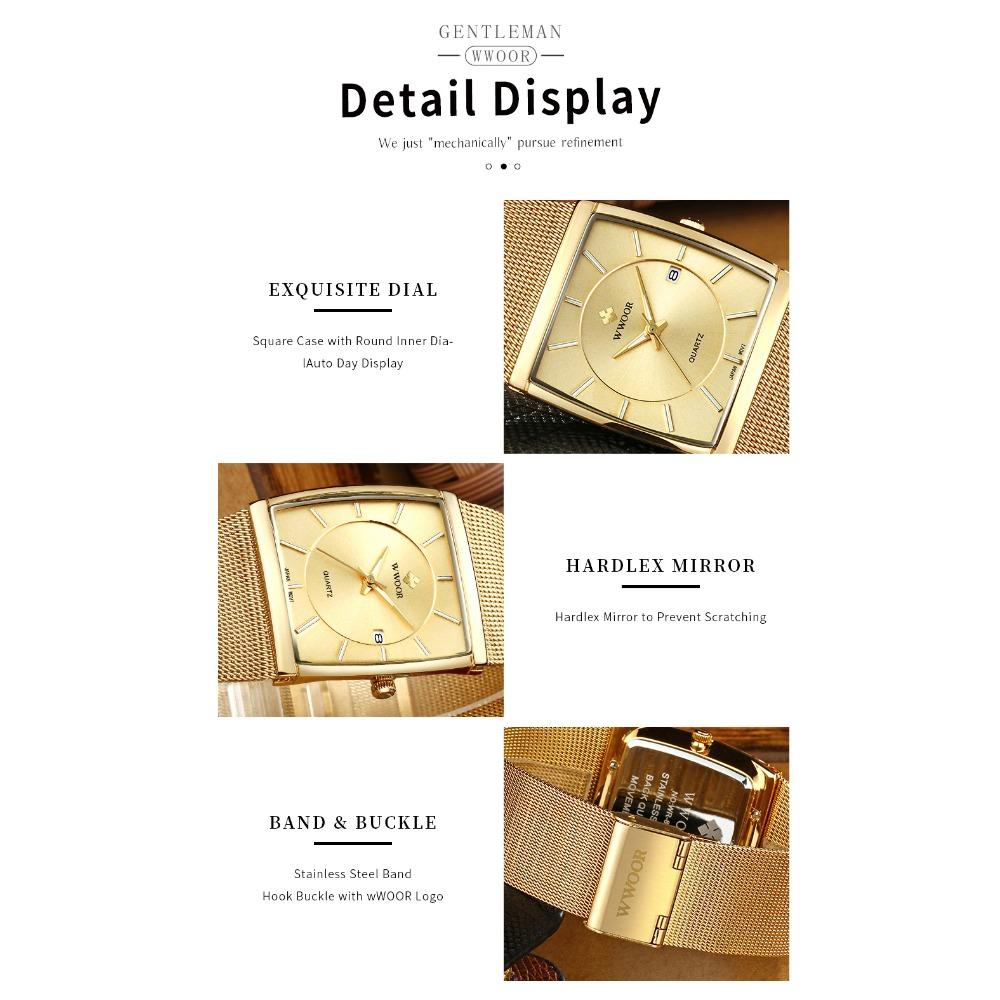 WWOOR Luxury Gold Watch Men Square Quartz Slim Steel Mesh Waterproof Sports Automatic Date Wrist Watches Relogio Masculino
