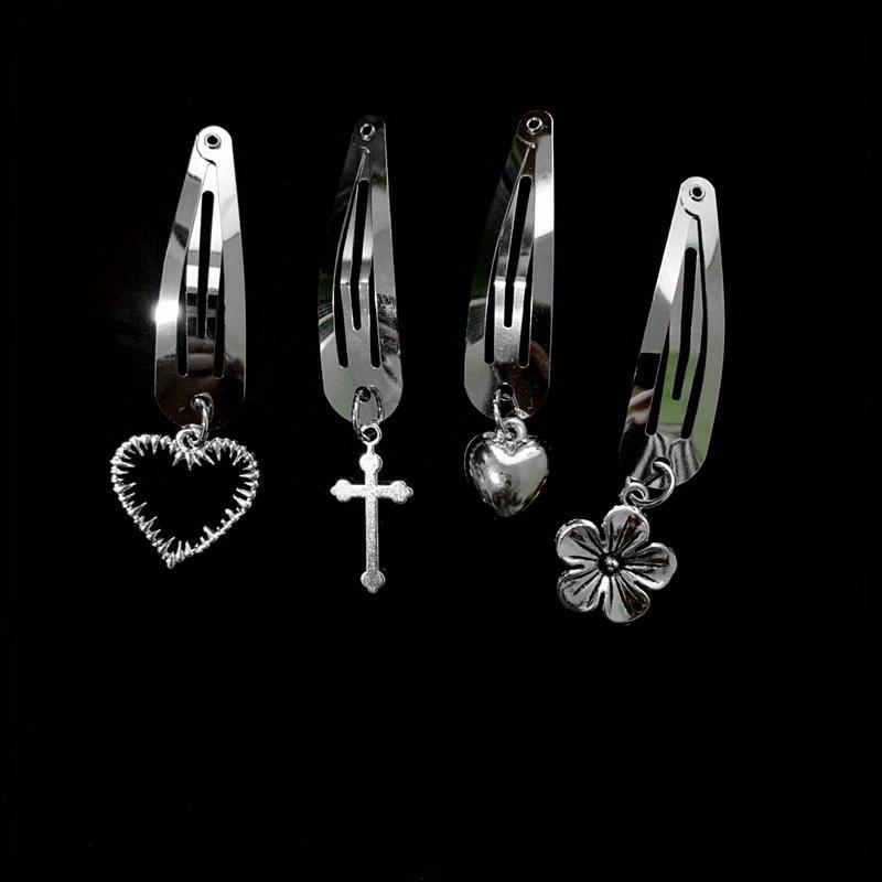 New Fashion Punk Hair Card Silver Metal Edge Clip Cherry Cross Love Flower Chain Hairpins One Word Clip Women's Headdress
