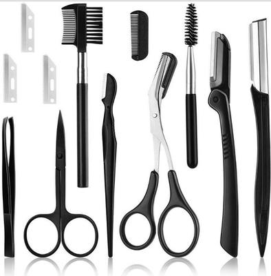 Stainless Steel Folding Eyebrow Trimmer for Beginners Beauty Trimming Scissors Black with Comb Eyebrow Clip Eyelash Brush Set 12 Pcs