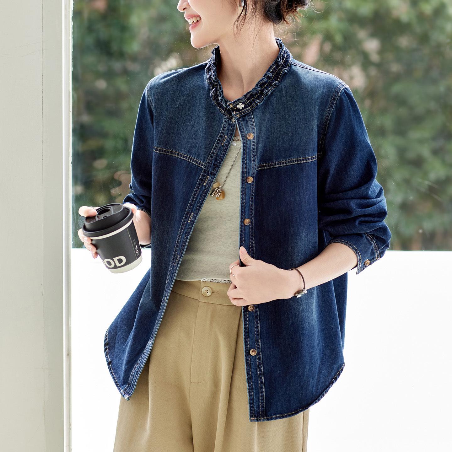 

Women s Long Sleeve Retro Blue Denim Shirt Jacket with Ruffled Collar - 2026 Spring Arrival Extra Large