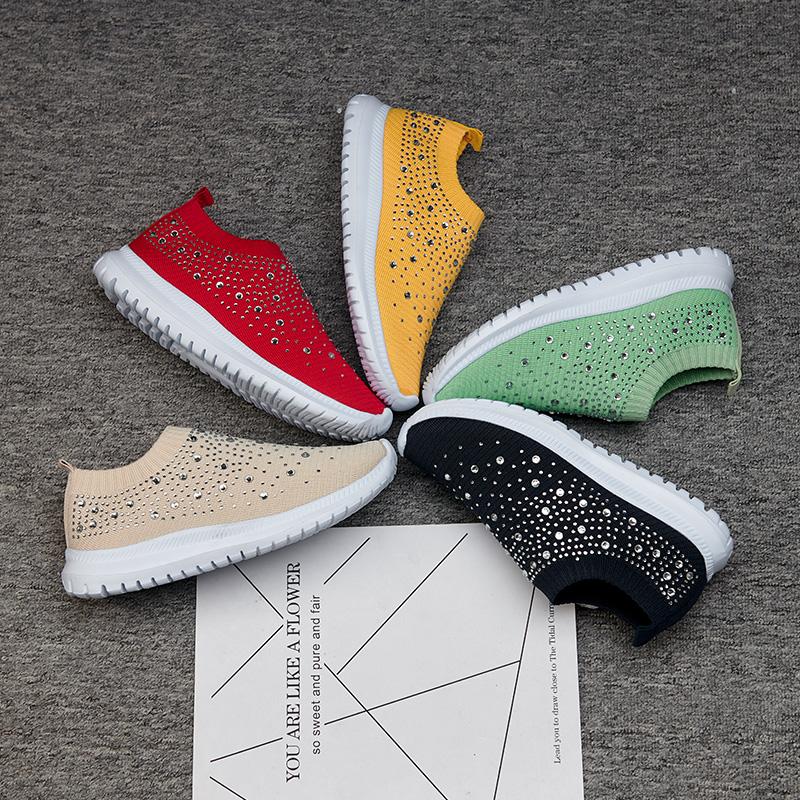 Fashion Women Flat Shoes Knitted Shoes Breathable Mesh Sneakers Crystals Sparkly Sock Shoes Casual Lightweight Walking Shoes