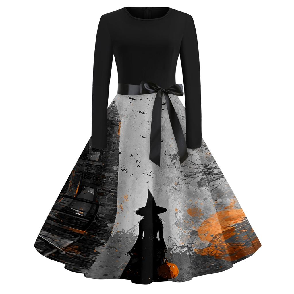 Women's Casual Vintage Halloween Print Dress Long Sleeve Round Neck Retro Swing Skater Dress with Waist Tie for Fall and Winter