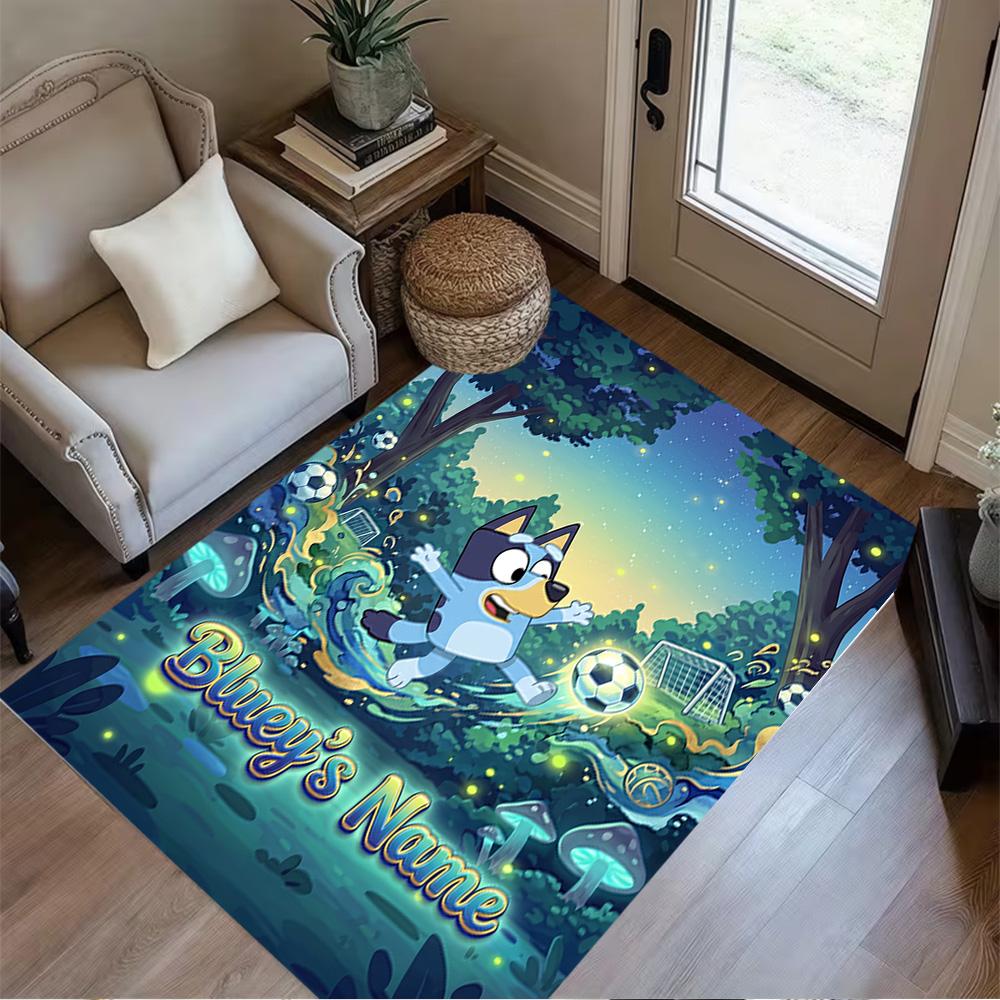 Bluey's Soccer Fun Customizable Name Carpet Design for Outdoor Balcony Hallway Decorate room Anti-slip Rug Anime Office Decor