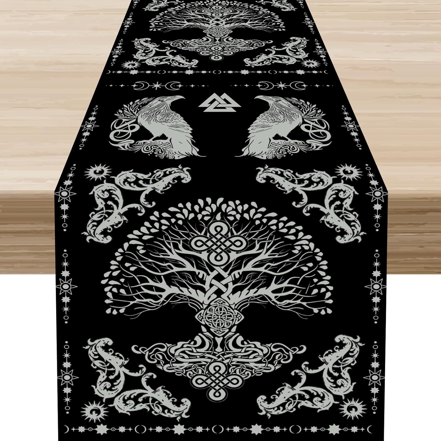 Noorse Viking Linnen Tafel Runner Huisdecoratie Zwart Noordse Mythologie Boom Kraai Raaf Print Keuken Eettafel Runners Feestdecoratie 150x33cm