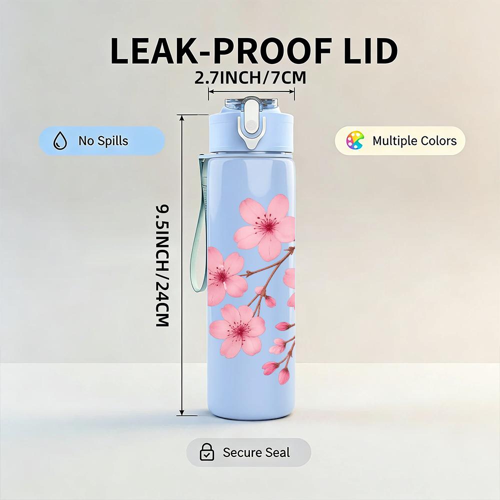 1PC Cherry Blossom Branch Pink Flower 750ml Color Plastic Sports Water Bottle Leakproof Flip Straw Lid Suitable for Sports Office Home Use