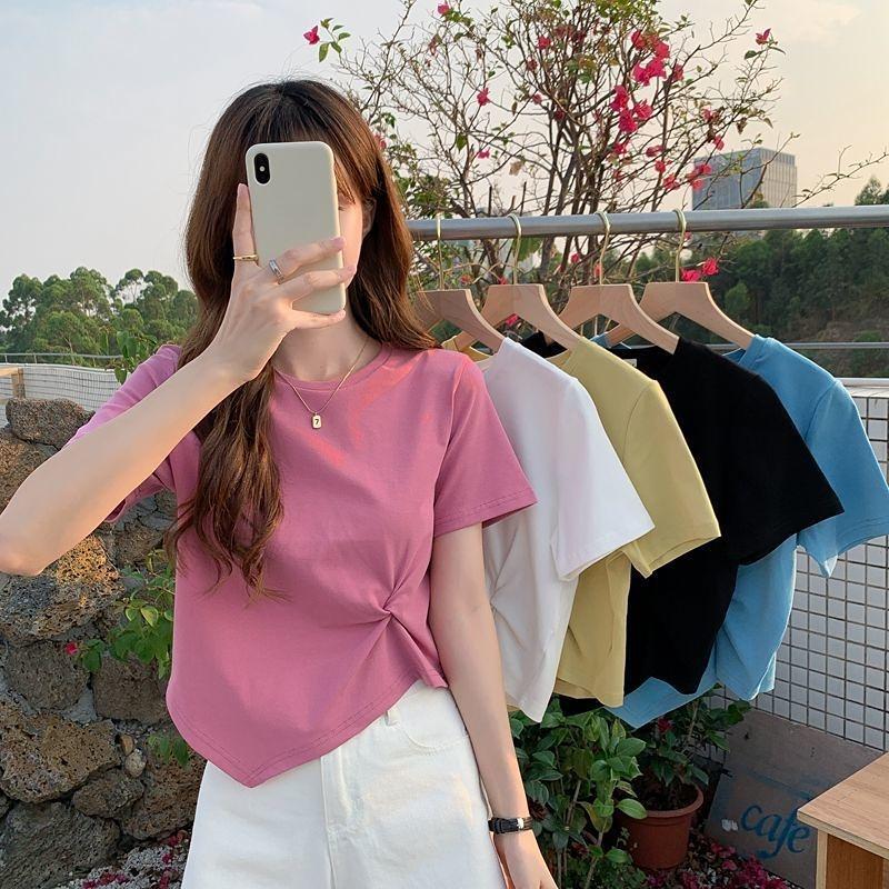 Ruched Design Tshirt Sexy Summer Women Solid Tee Casual Short Sleeve Crop Top Fashion Lady Tank Tops
