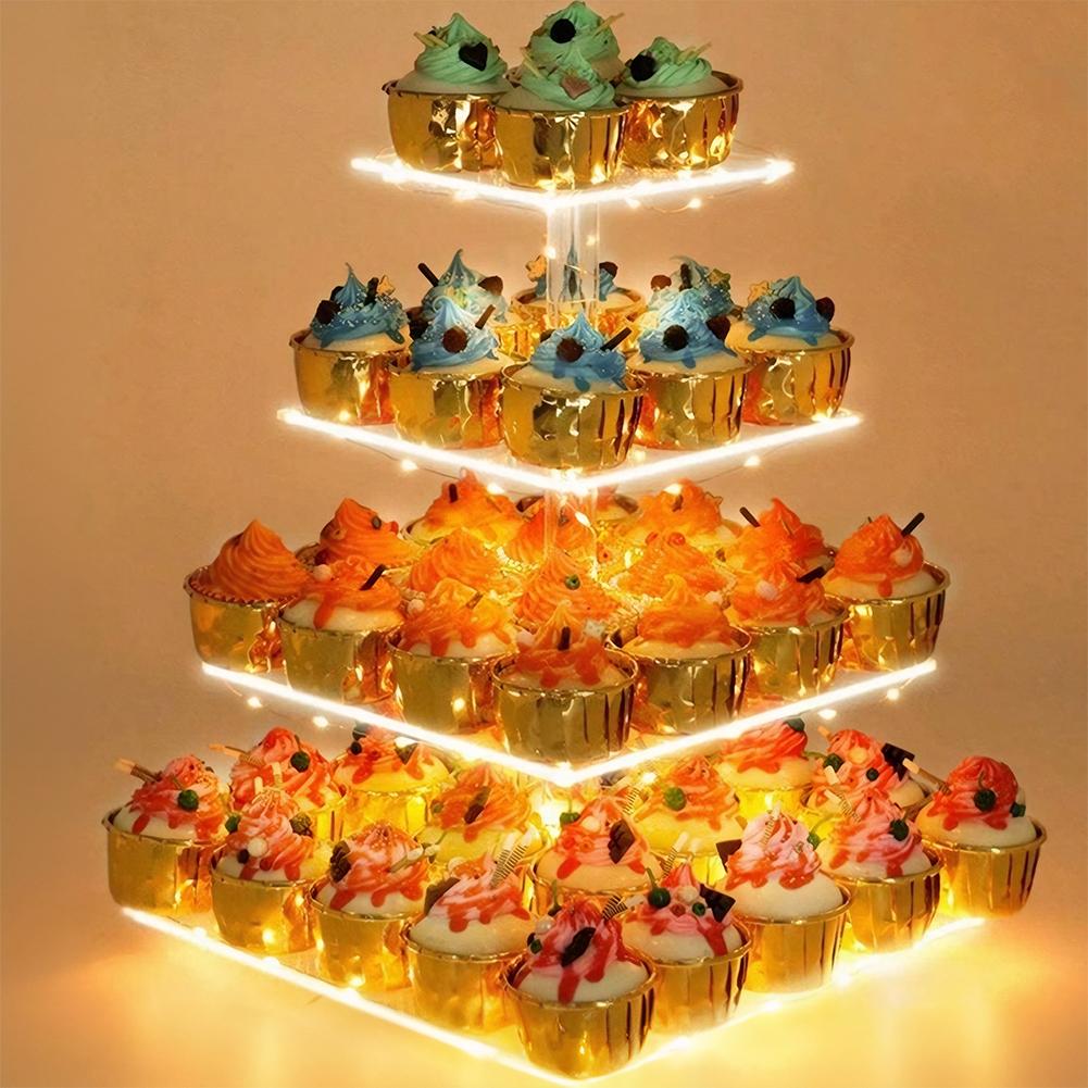 3/4 Tier Acrylic Cupcake Display Stand with LED Light Square Display Stand Multifunctional Cake Serving Platter for Party Decor