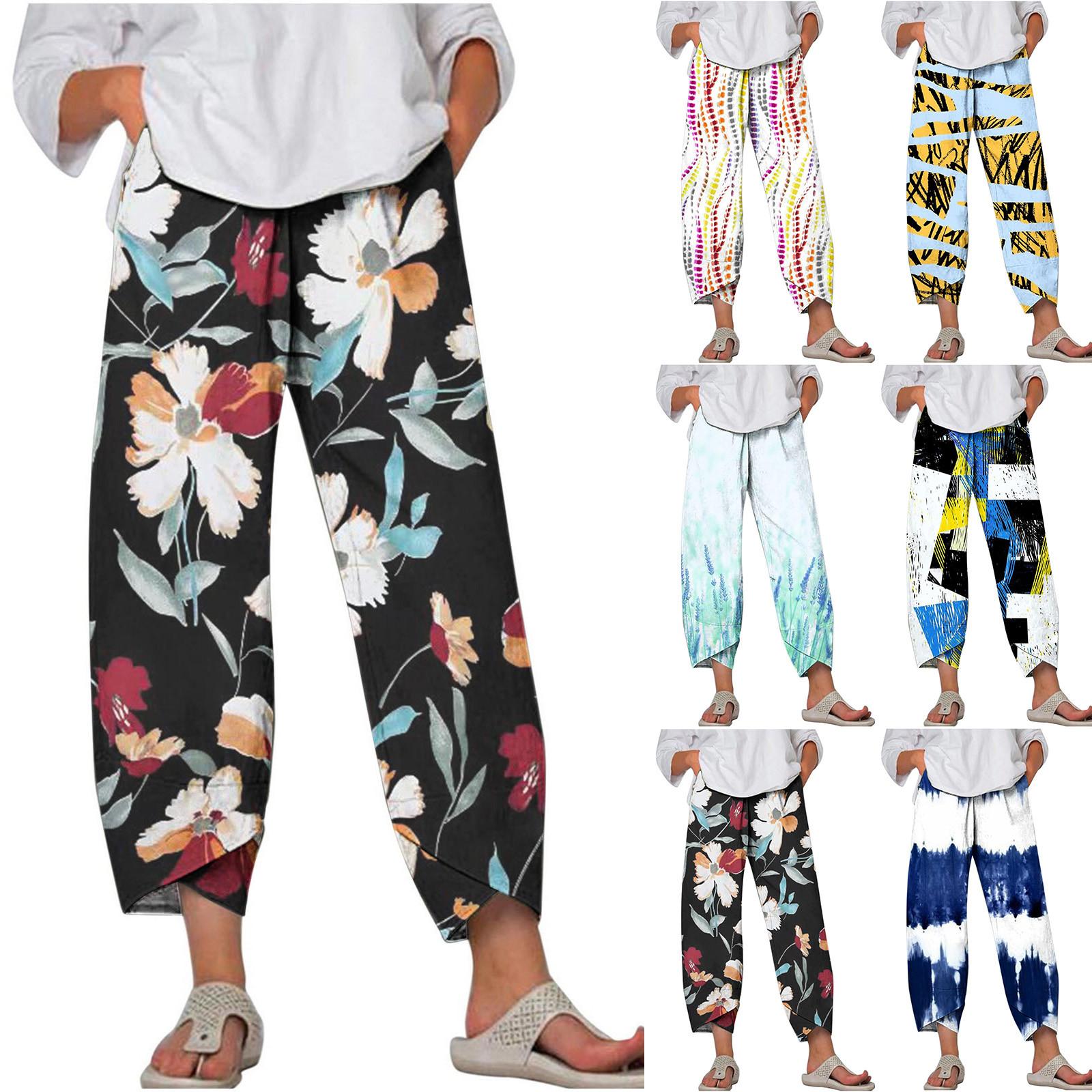 

Женские повседневные карманы тонкие высокие эластичные брюки с принтом талии из хлопка и льна