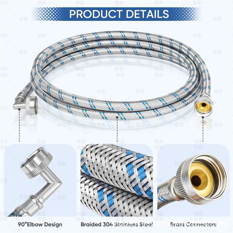 A78E-4FT Washing Machine Hoses Set, 2 Pack Core Braided Stainless Steel Burst-Proof Washer Hoses With 90 Degree Elbow
