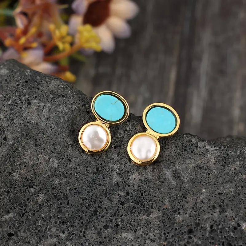 Vintage Goldfarbene Blaue Steine Imitation Perlen Ohrstecker Bohemian Metall Ohrstecker für Damen Schmuck