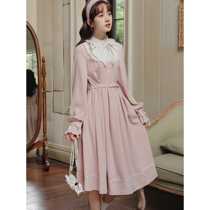 Elegantes französisches rosa Kleid für Damen mit Stehkragen und taillierter Taille - High-End Prinzessinnenstil 2026.
