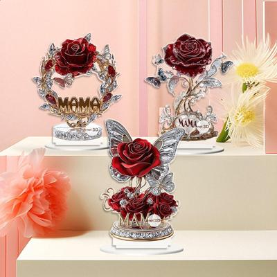 Panneau Acrylique Plat 2D Fleur de Rose Œuvre d'Art Cadeau Ornement de Bureau Anniversaire Fête des Mères Cadeau pour Festival Café Maison Étagère d'Armoire