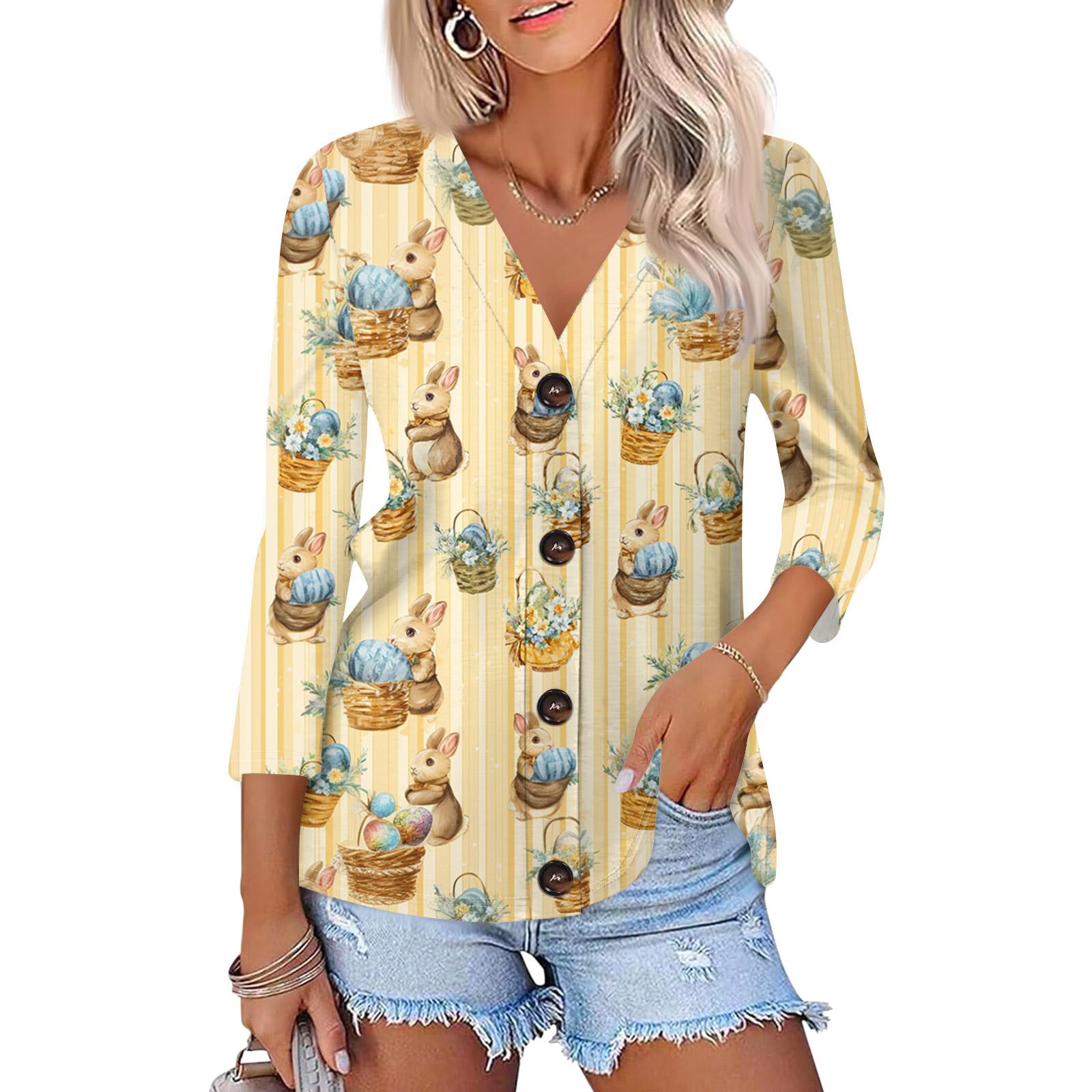 

Women s Fashion Casual Print Button-down Shirt 3/4 Sleeve Tops M