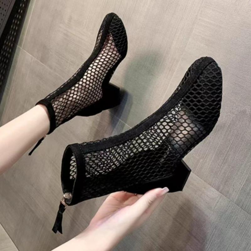 Fashion Mesh Square Heel Cooling Boots Summer New Thin Cutout Breathable Mesh Rear Zipper Round Toe Non-Slip Heel Booties