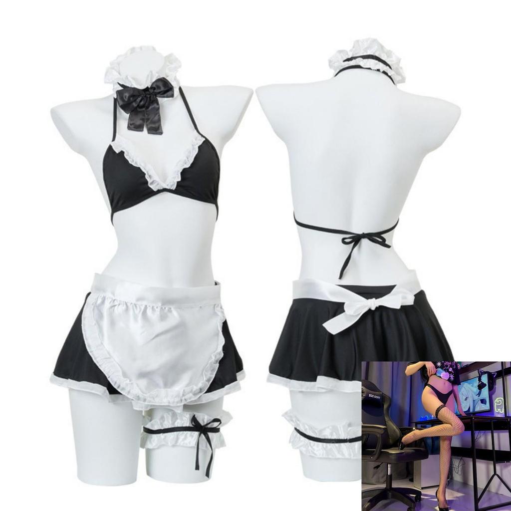 Night Listen Lingerie: Sexy See-Through Maid Role Play Set with Open Crotch, 3-Piece Women's Temptation Uniform